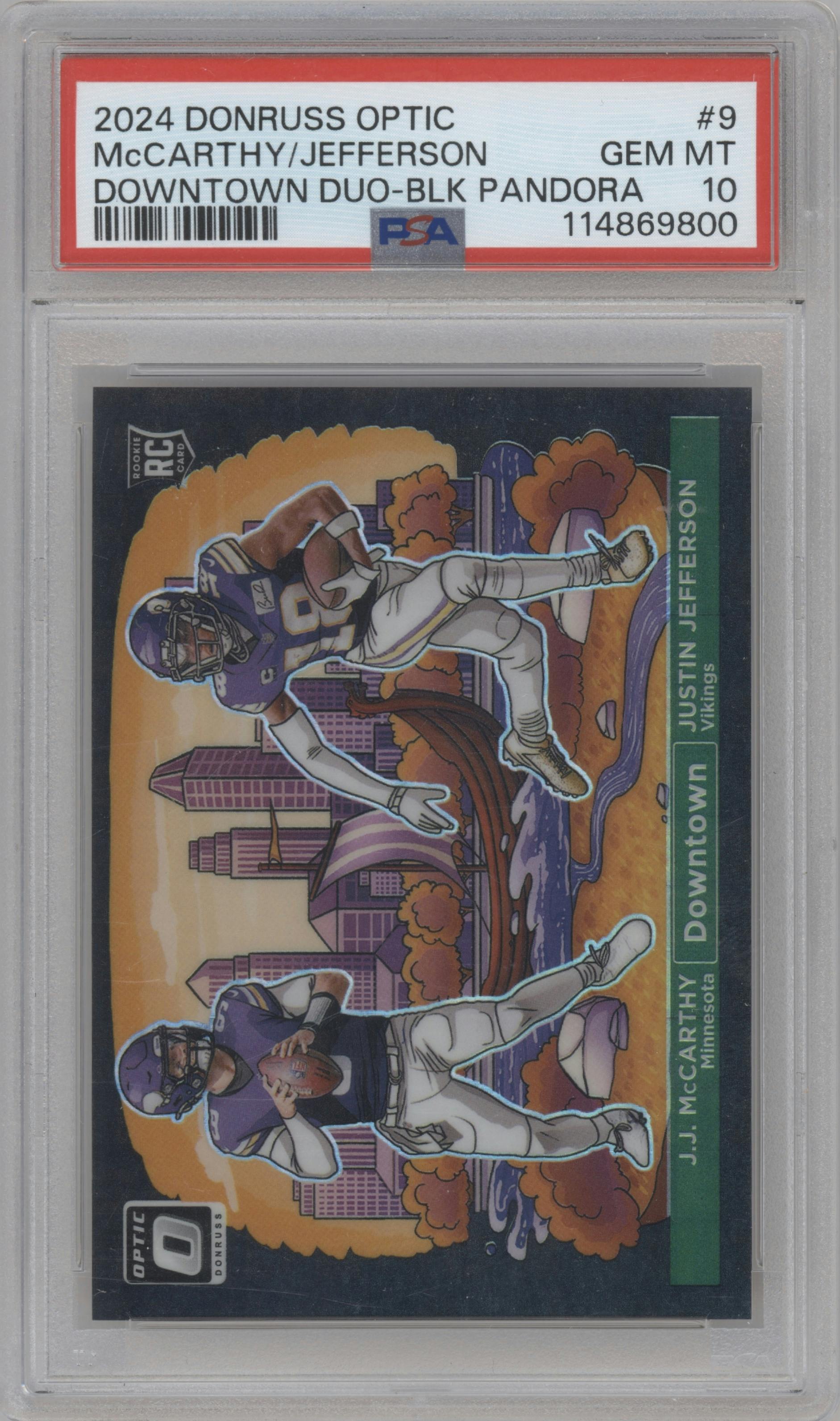 J.J. McCarthy/Justin Jefferson from the 2024 Donruss Optic set featuring a Black Pandora parallel graded by PSA and given an overall grade of 10.