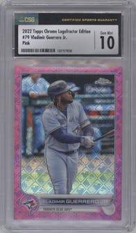 Vladimir Guerrero Jr. from the 2022 Topps Chrome Logofractor set featuring a Pink parallel graded by CSG and given an overall grade of 10.