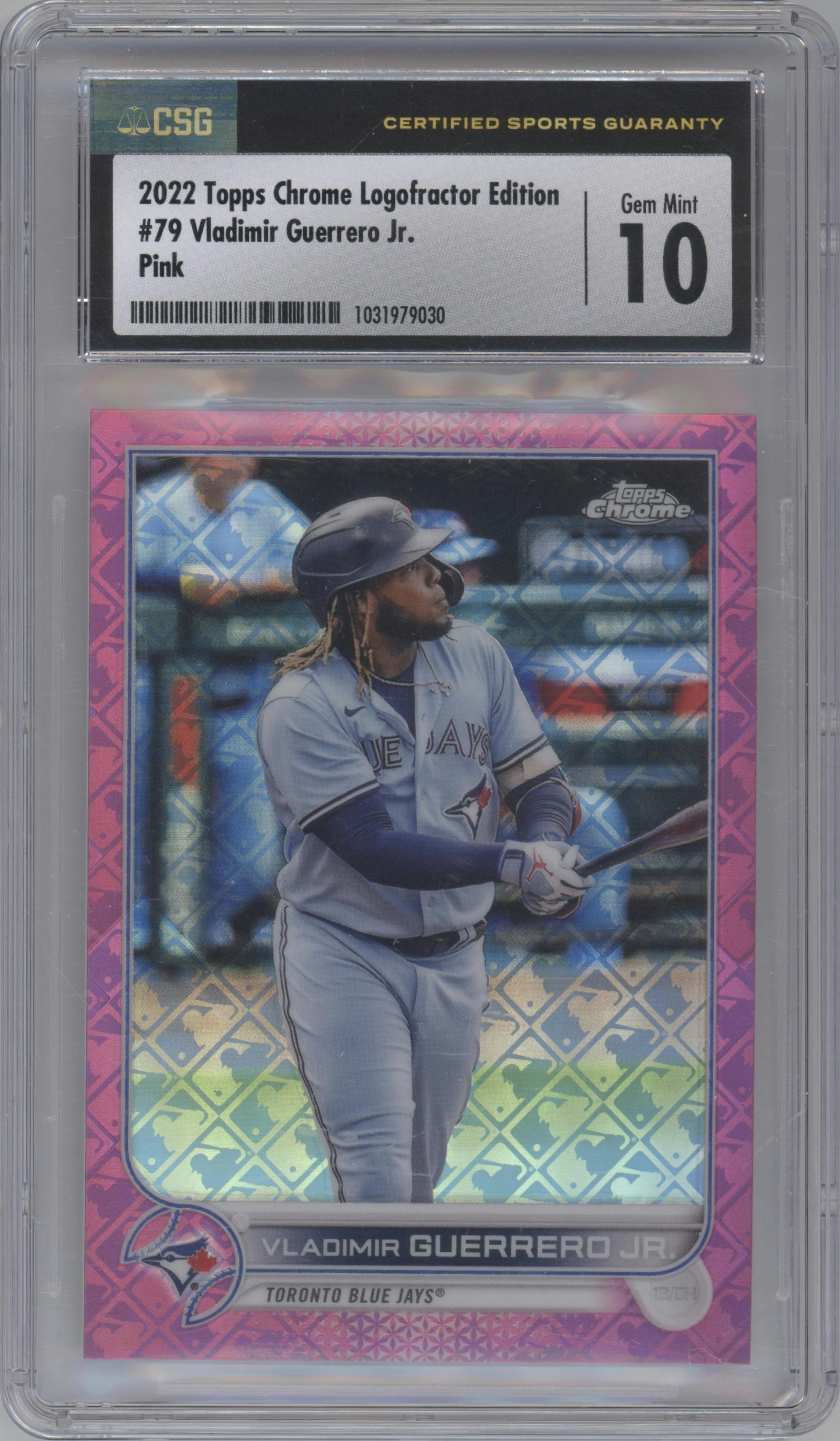 Vladimir Guerrero Jr. from the 2022 Topps Chrome Logofractor set featuring a Pink parallel graded by CSG and given an overall grade of 10.