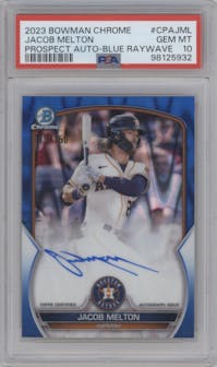 Jacob Melton from the 2023 Bowman Chrome set featuring a Blue RayWave parallel graded by PSA and given an overall grade of 10.