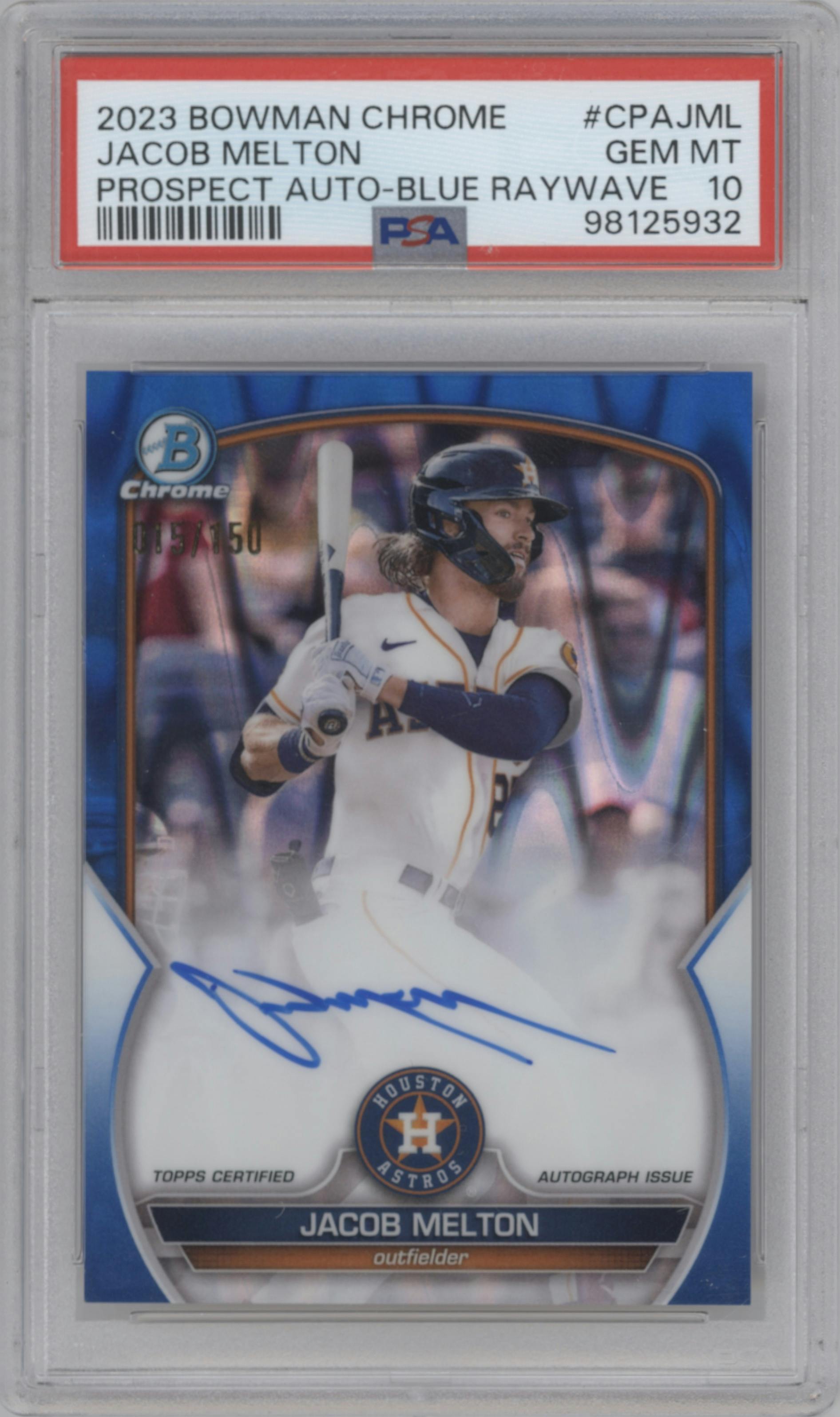Jacob Melton from the 2023 Bowman Chrome set featuring a Blue RayWave parallel graded by PSA and given an overall grade of 10.