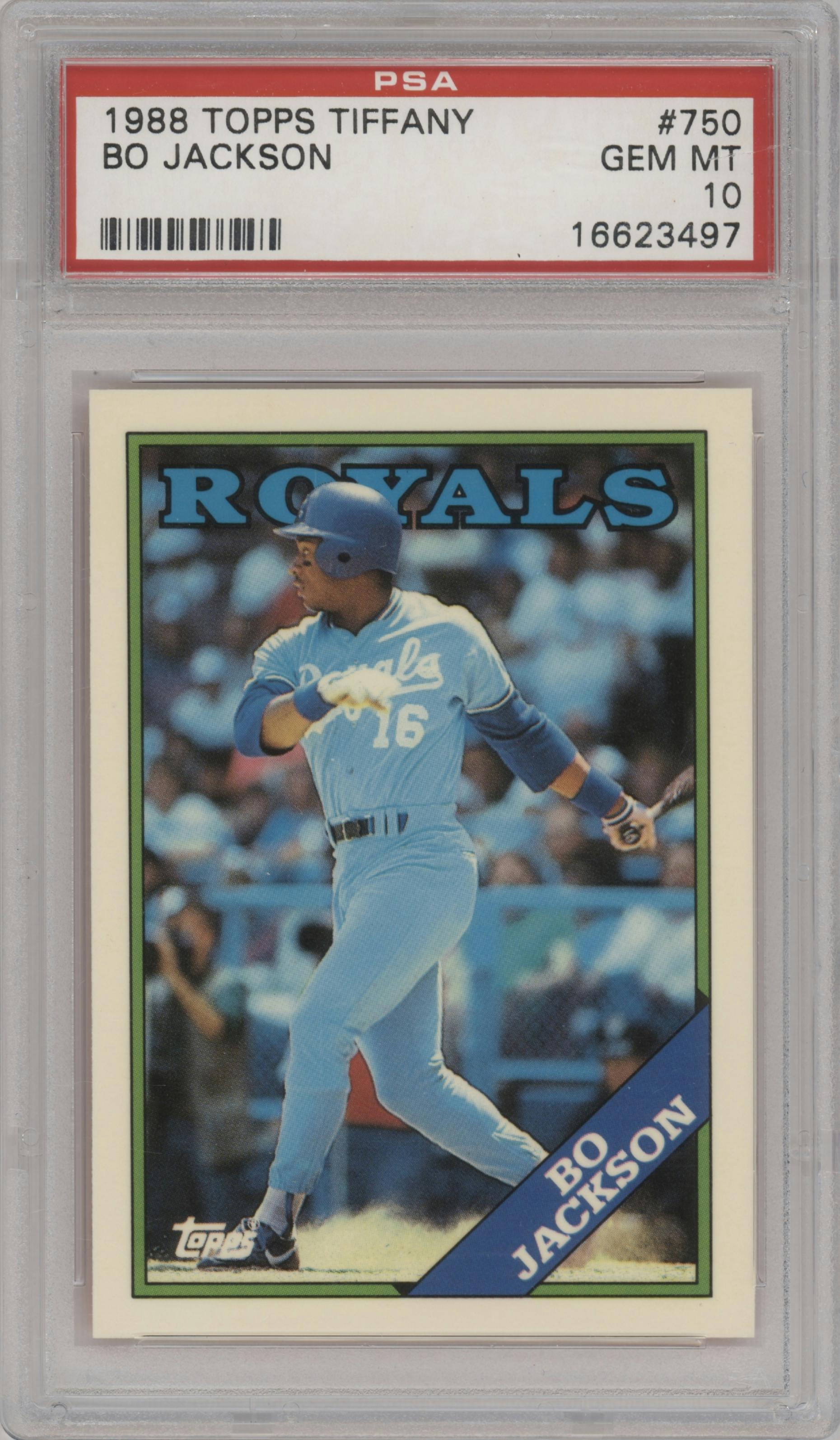 Bo Jackson from the 1988 Topps set featuring a Tiffany parallel graded by PSA and given an overall grade of 10.