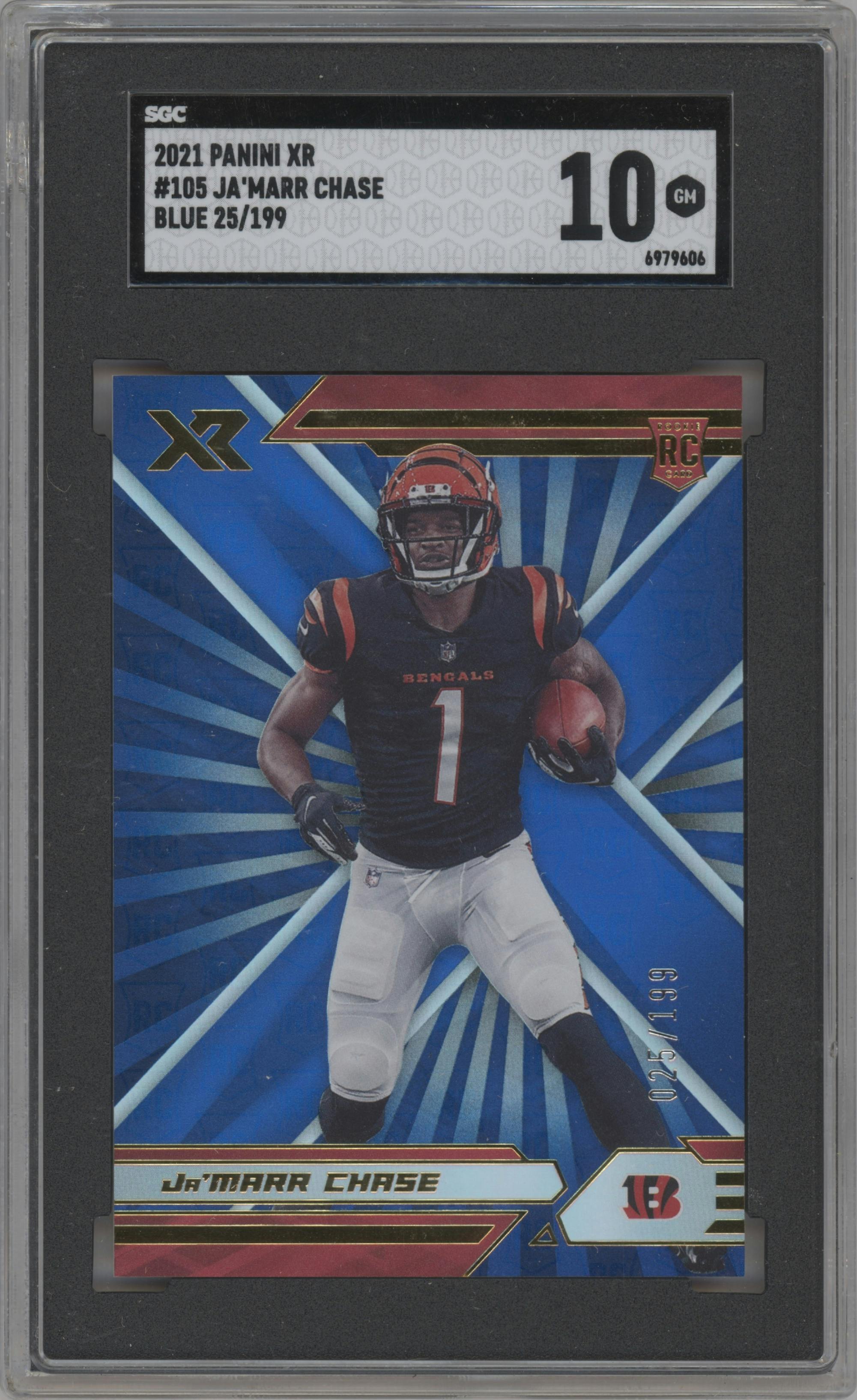 Ja'Marr Chase from the 2021 Panini XR set featuring a Blue parallel graded by SGC and given an overall grade of 10.