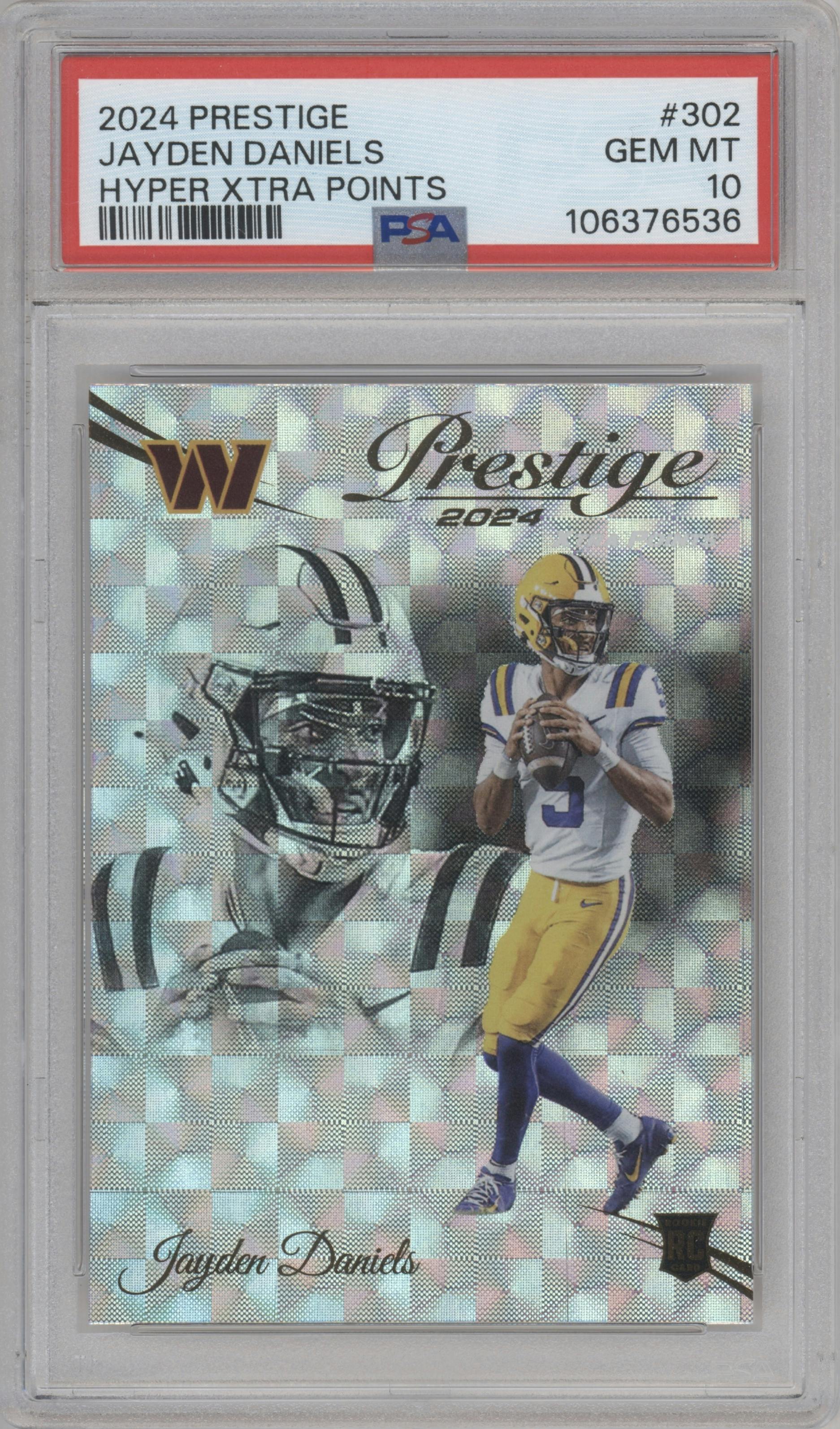 Jayden Daniels from the 2024 Panini Prestige  set featuring a Hyper Xtra Points parallel graded by PSA and given an overall grade of 10.