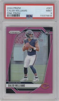 Caleb Williams from the 2024 Panini Prizm set featuring a Pink Prizm parallel graded by PSA and given an overall grade of 9.