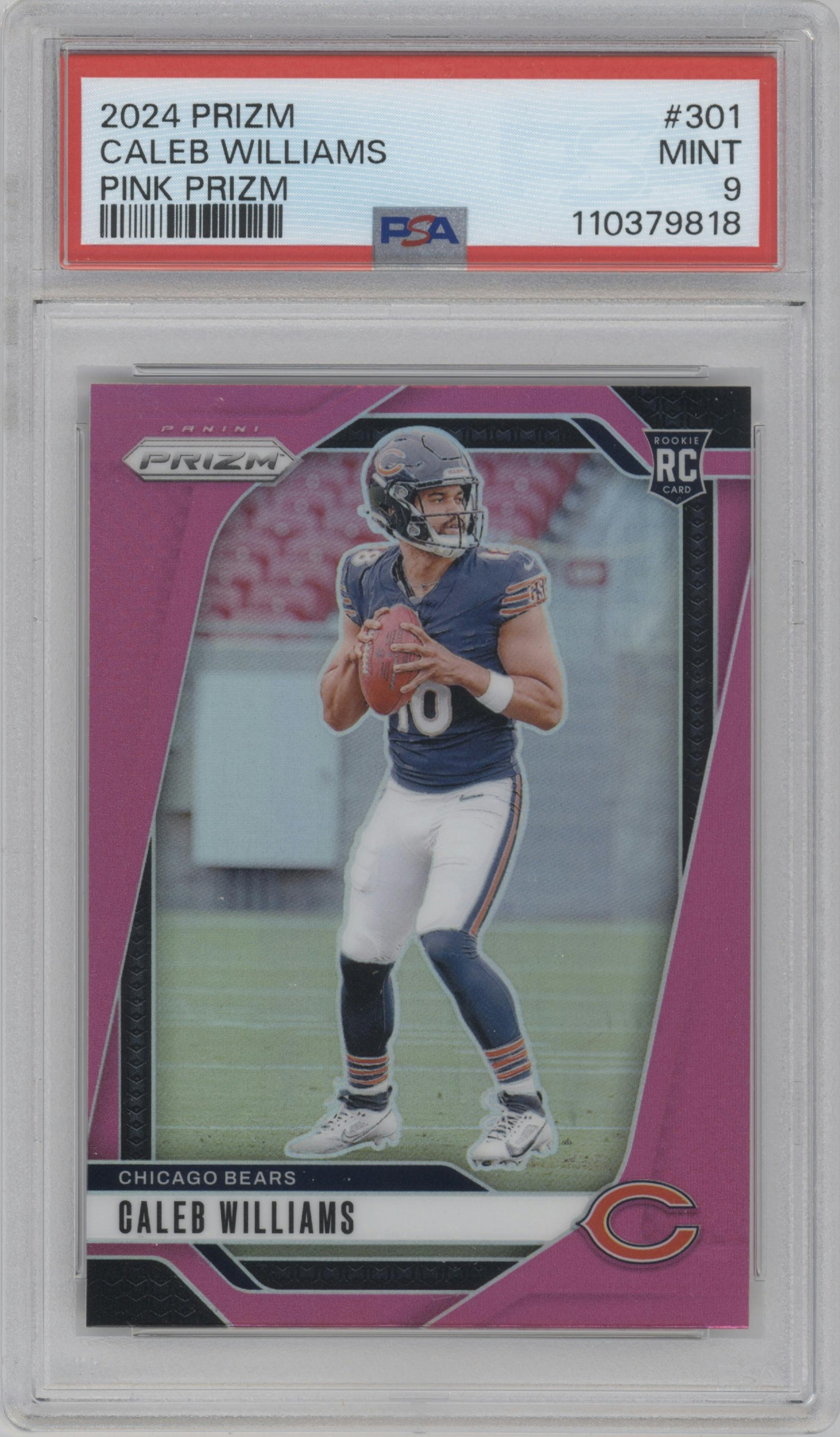 Caleb Williams from the 2024 Panini Prizm set featuring a Pink Prizm parallel graded by PSA and given an overall grade of 9.