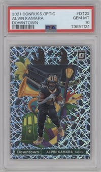 Alvin Kamara from the 2021 Panini Donruss Optic set graded by PSA and given an overall grade of 10.