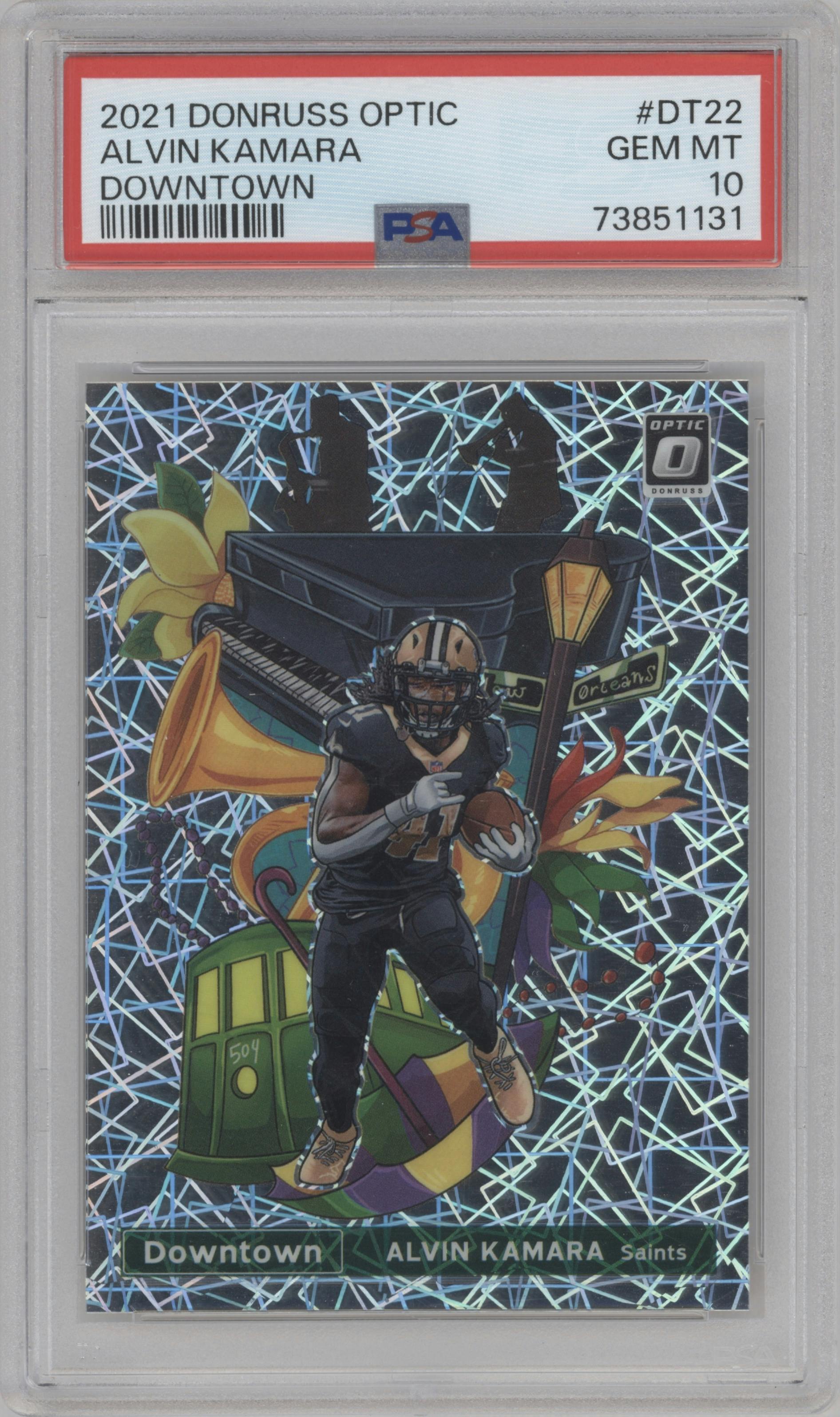 Alvin Kamara from the 2021 Panini Donruss Optic set graded by PSA and given an overall grade of 10.