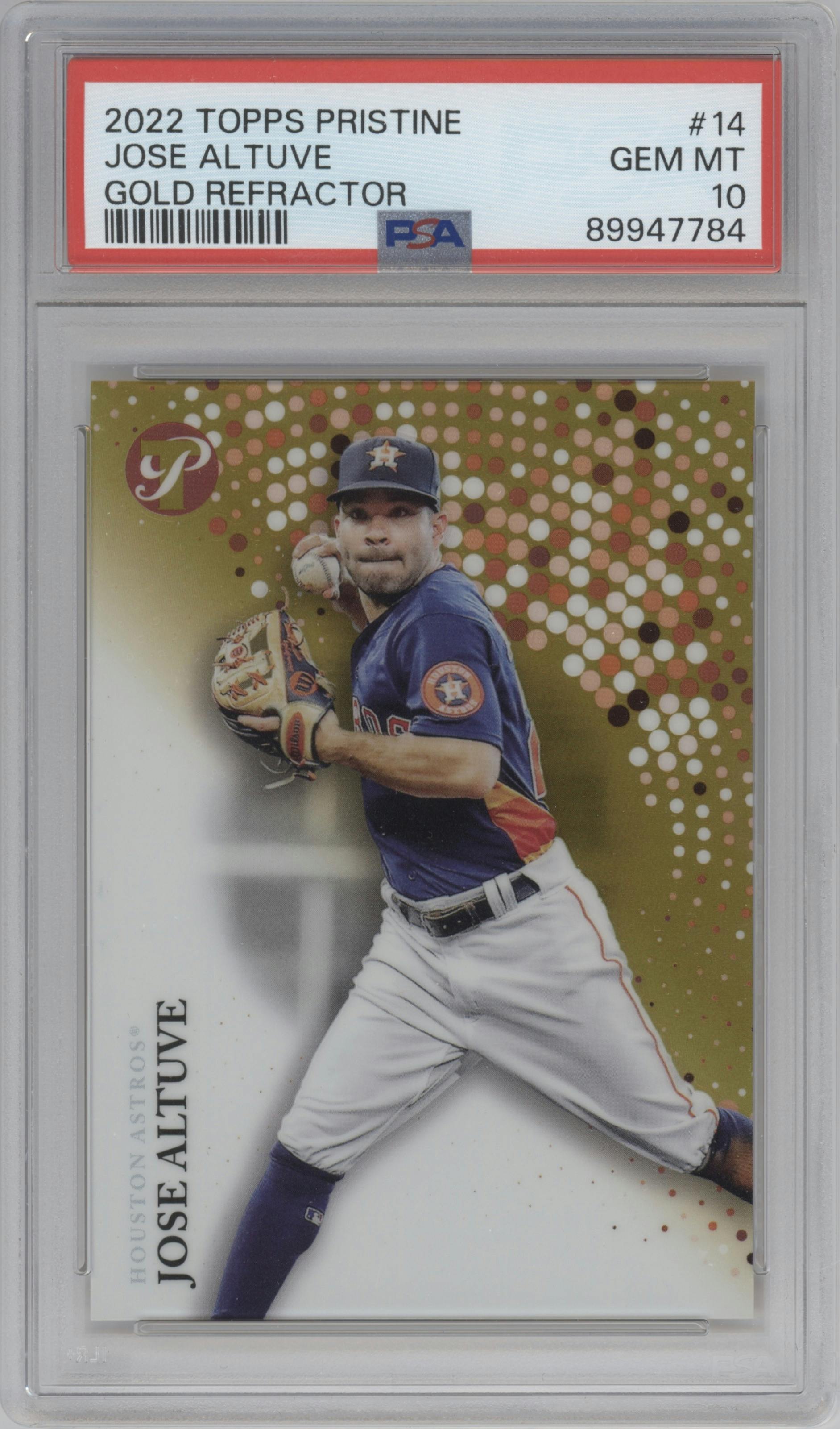 Jose Altuve from the 2022 Topps Pristine set featuring a Gold Refractor parallel graded by PSA and given an overall grade of 10.