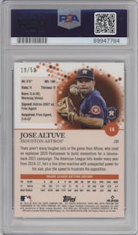 Jose Altuve from the 2022 Topps Pristine set featuring a Gold Refractor parallel graded by PSA and given an overall grade of 10.