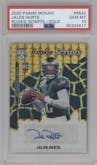 Jalen Hurts from the 2020 Panini Mosaic set featuring a Gold parallel graded by PSA and given an overall grade of 10.