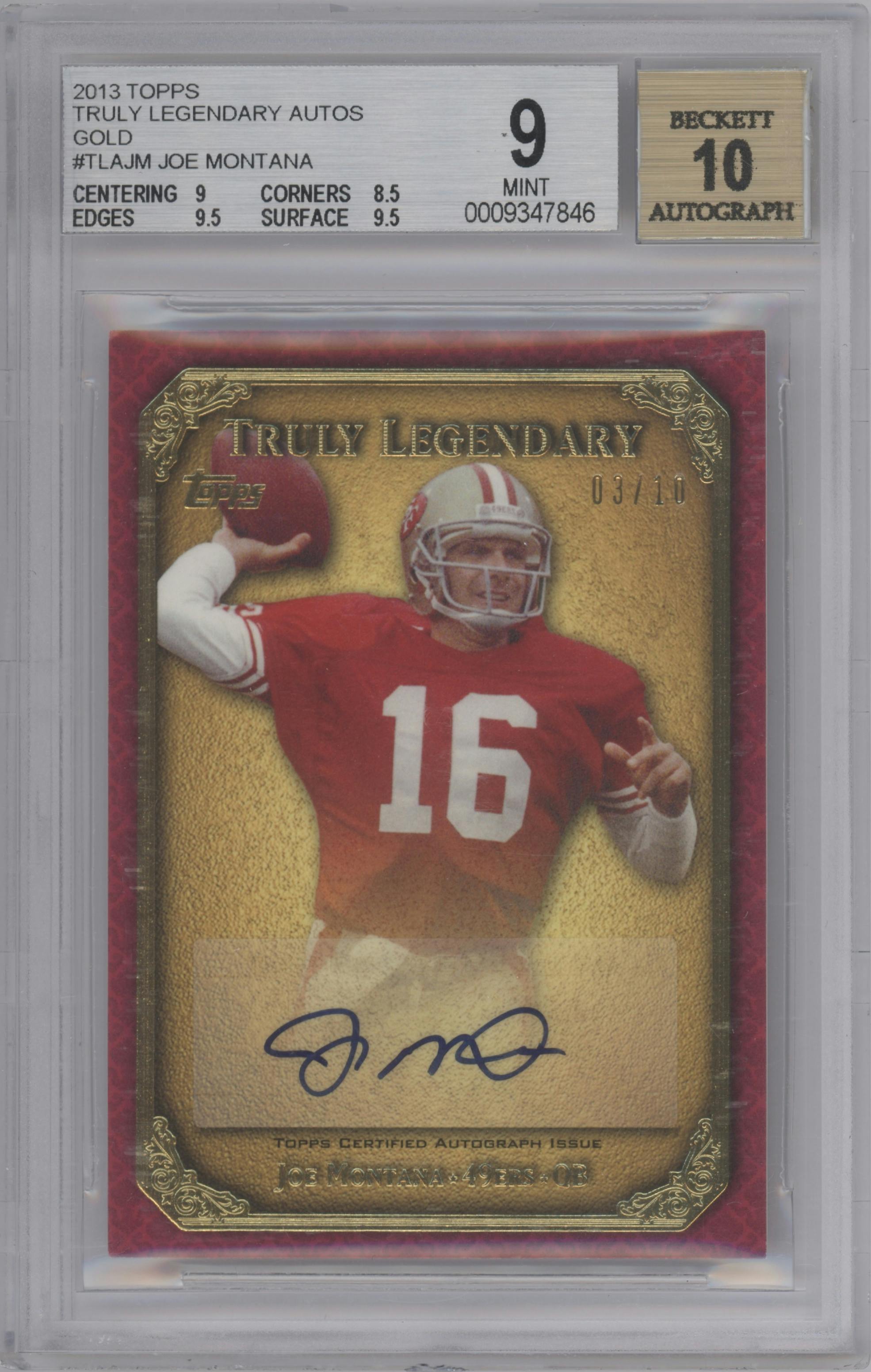 Joe Montana from the 2013 Topps set featuring a Gold parallel graded by Beckett and given an overall grade of 9.