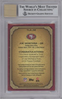 Joe Montana from the 2013 Topps set featuring a Gold parallel graded by Beckett and given an overall grade of 9.
