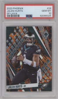 Jalen Hurts from the 2023 Panini Phoenix set featuring a Lava parallel graded by PSA and given an overall grade of 10.