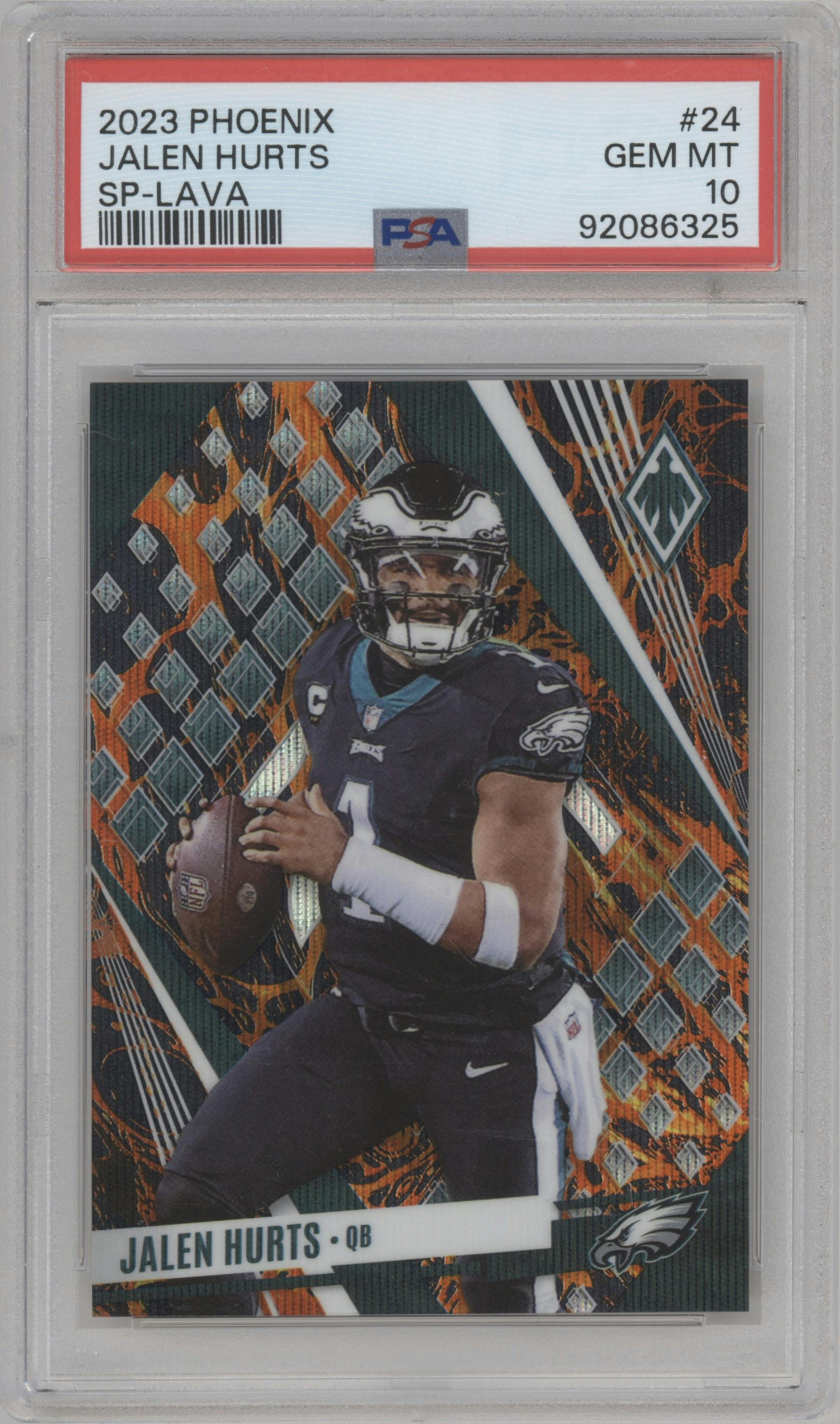 Jalen Hurts from the 2023 Panini Phoenix set featuring a Lava parallel graded by PSA and given an overall grade of 10.