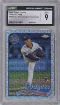 Yoshinobu Yamamoto from the 2024 Topps Update set featuring a Refractor parallel graded by CSG and given an overall grade of 9.