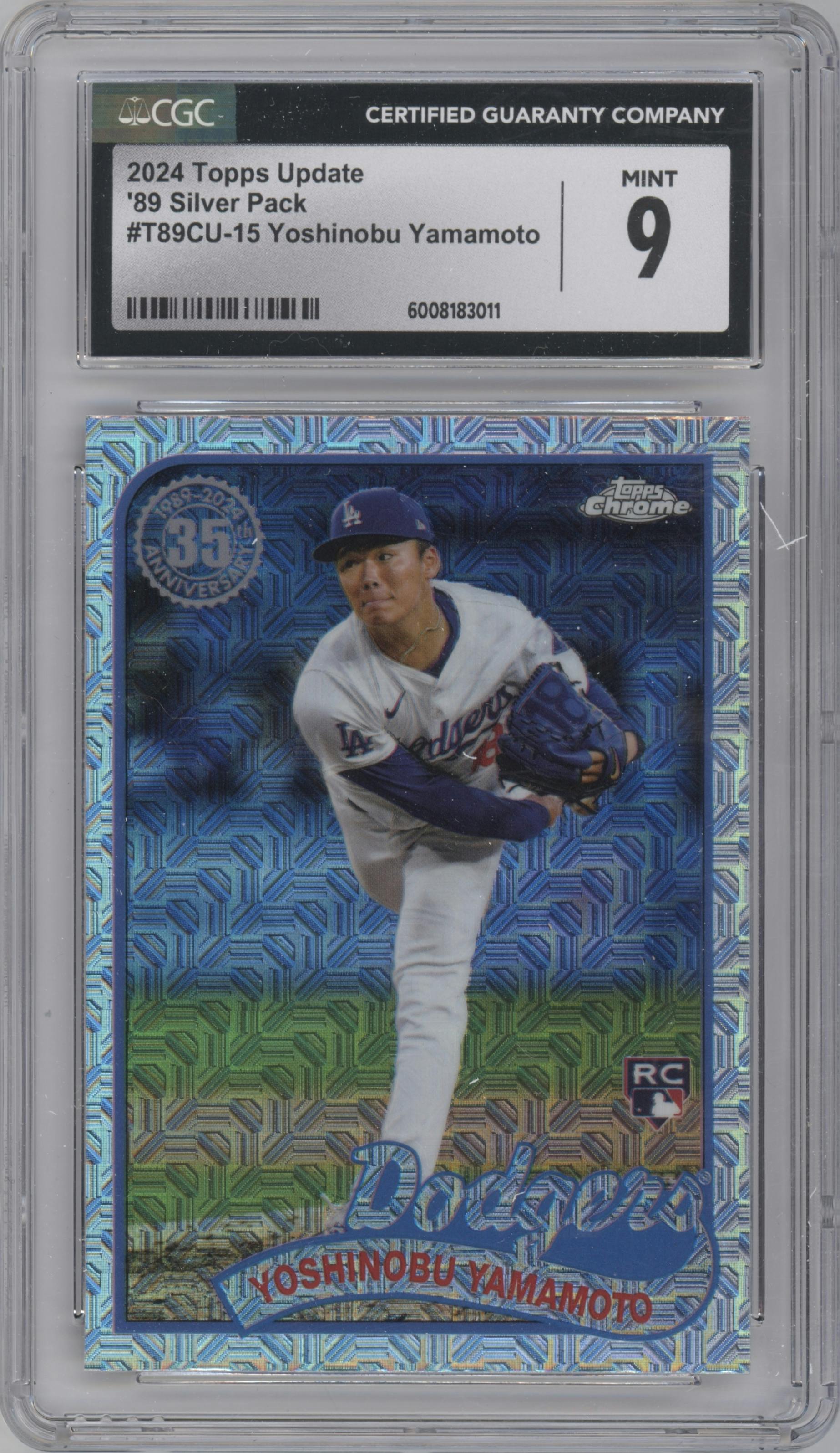 Yoshinobu Yamamoto from the 2024 Topps Update set featuring a Refractor parallel graded by CSG and given an overall grade of 9.