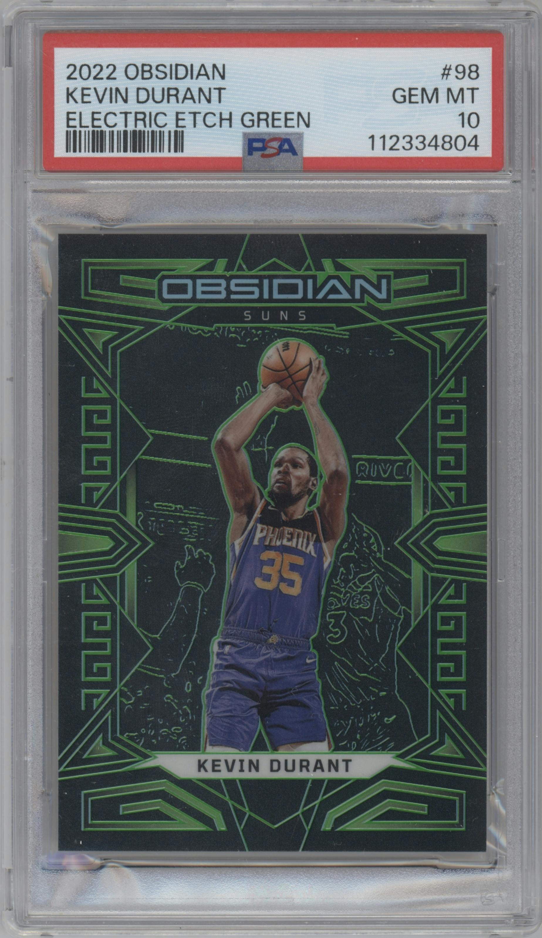 Kevin Durant from the 2022-23 Panini Obsidian set featuring a Electric Etch Green parallel graded by PSA and given an overall grade of 10.