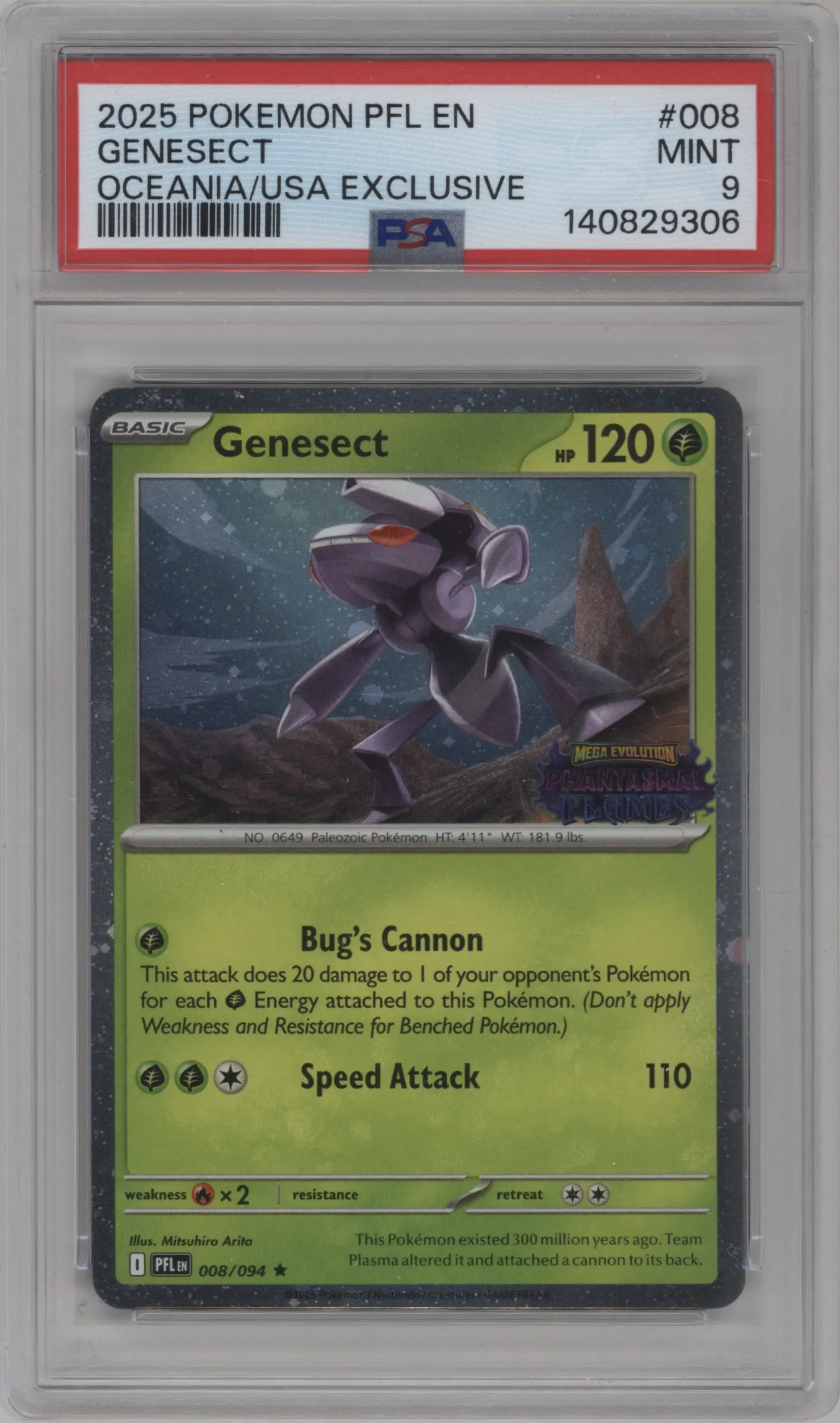 2025 Pokemon Mega Evolution Phan. Flames Genesect Oceania/USA Exclusive PSA 9
