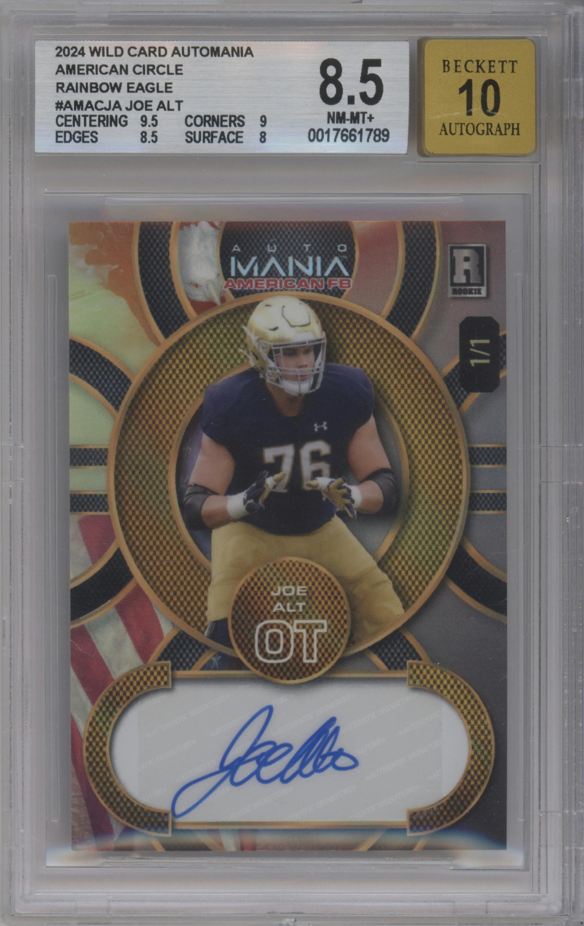 Joe Alt from the 2024 Wild Card Automania set featuring a Eagle 1 parallel graded by Beckett and given an overall grade of 8.5.