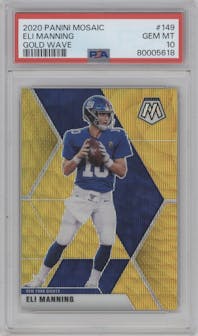 Eli Manning from the 2020 Panini Mosaic set featuring a Gold Wave parallel graded by PSA and given an overall grade of 10.