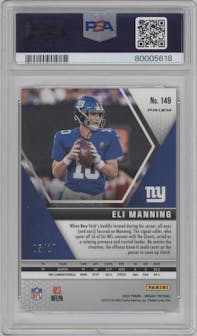 Eli Manning from the 2020 Panini Mosaic set featuring a Gold Wave parallel graded by PSA and given an overall grade of 10.