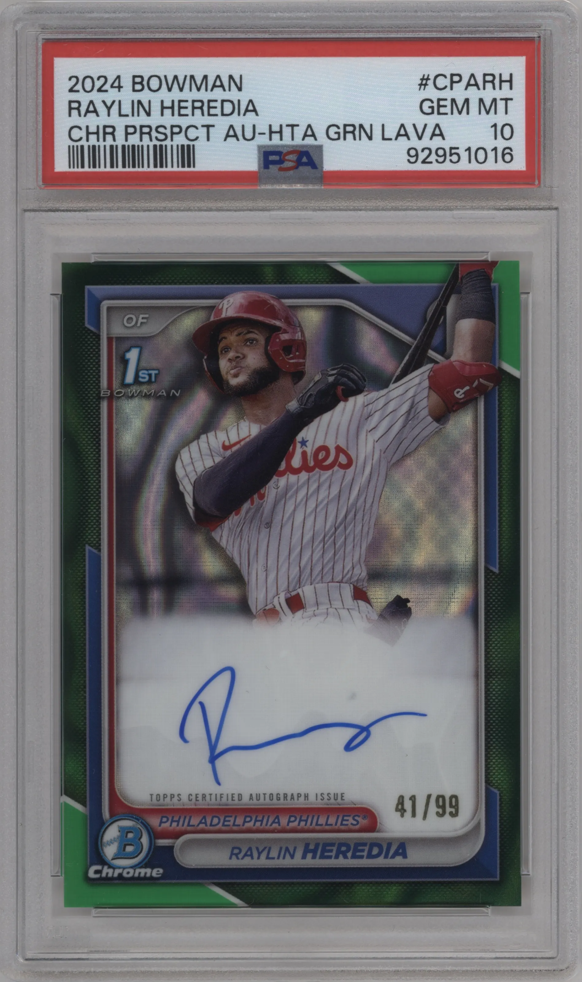 2024 Bowman Chr.Pros.Auto Raylin Heredia HTA Green Lava Refractor PSA 10