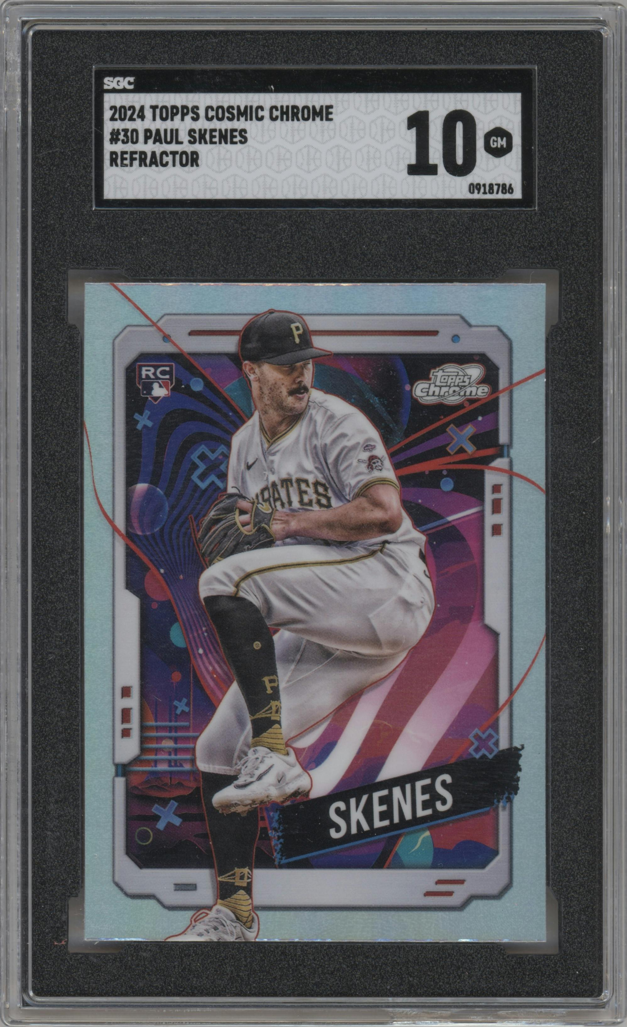 Paul Skenes from the 2024 Topps Cosmic Chrome set featuring a Refractor parallel graded by SGC and given an overall grade of 10.