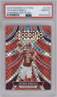 Jayden Daniels from the 2024 Panini Rookies & Stars set featuring a Red Plaid parallel graded by PSA and given an overall grade of 10.