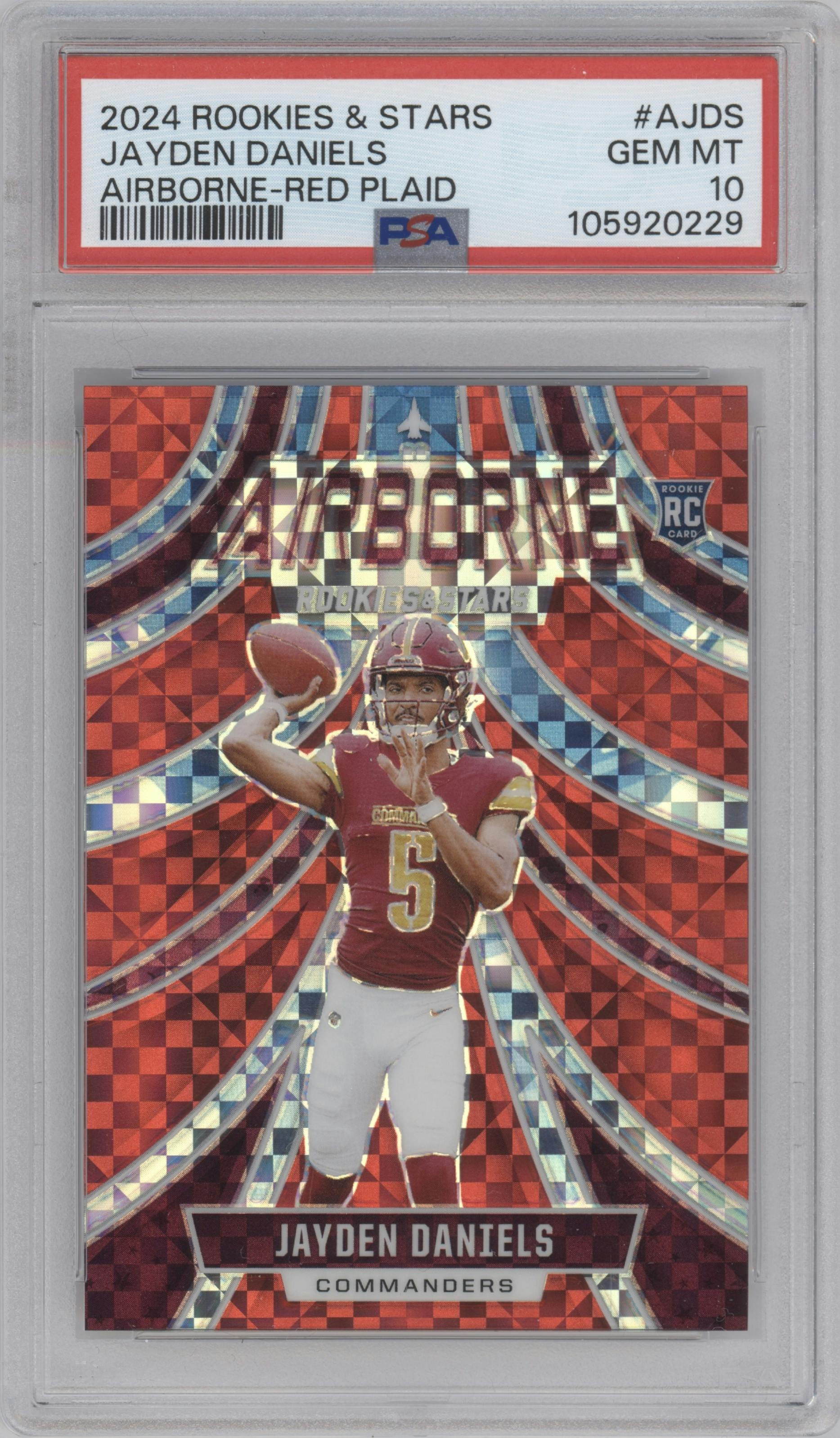 Jayden Daniels from the 2024 Panini Rookies & Stars set featuring a Red Plaid parallel graded by PSA and given an overall grade of 10.