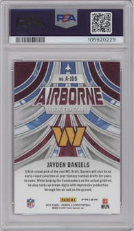 Jayden Daniels from the 2024 Panini Rookies & Stars set featuring a Red Plaid parallel graded by PSA and given an overall grade of 10.