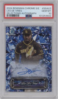 Leo De Vries from the 2024 Bowman Chrome Sapphire set graded by PSA and given an overall grade of 10.