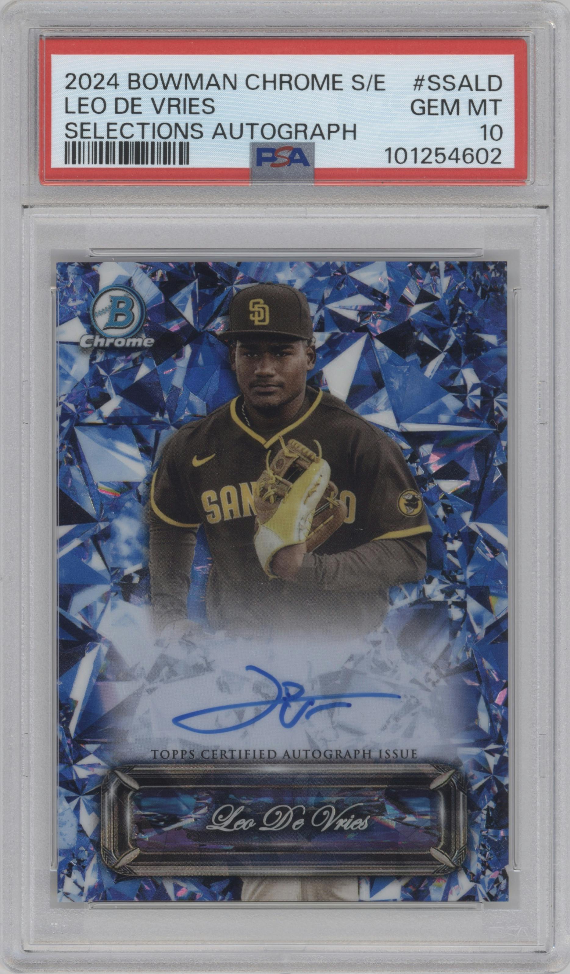 Leo De Vries from the 2024 Bowman Chrome Sapphire set graded by PSA and given an overall grade of 10.