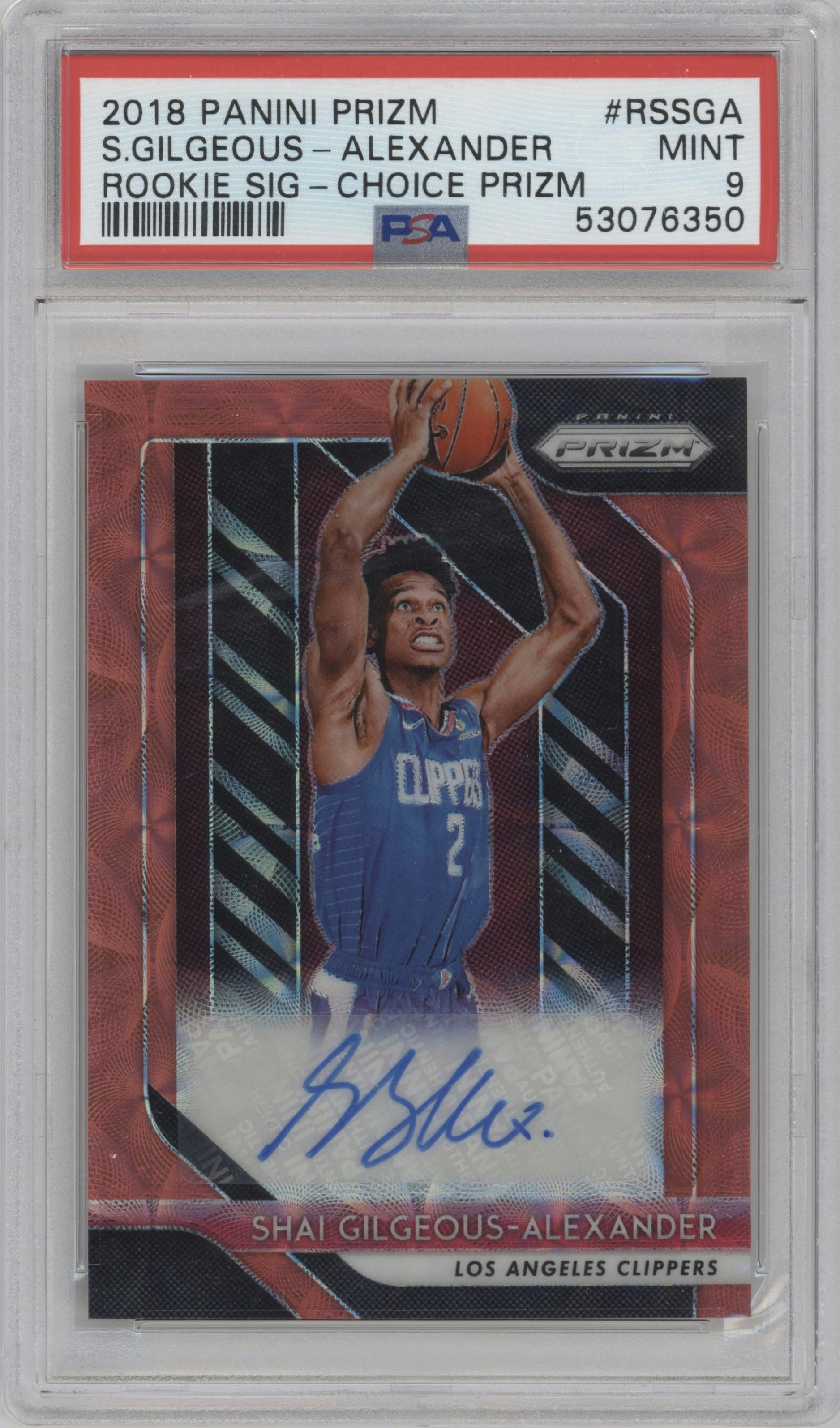 Shai Gilgeous-Alexander from the 2018-19 Panini Prizm set featuring a Choice parallel graded by PSA and given an overall grade of 9.
