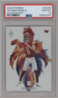 Jayden Daniels from the 2024 Panini Phoenix set graded by PSA and given an overall grade of 10.