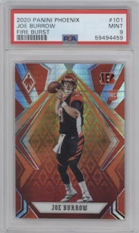 Joe Burrow from the 2020 Panini Phoenix set featuring a Fire Burst parallel graded by PSA and given an overall grade of 9.