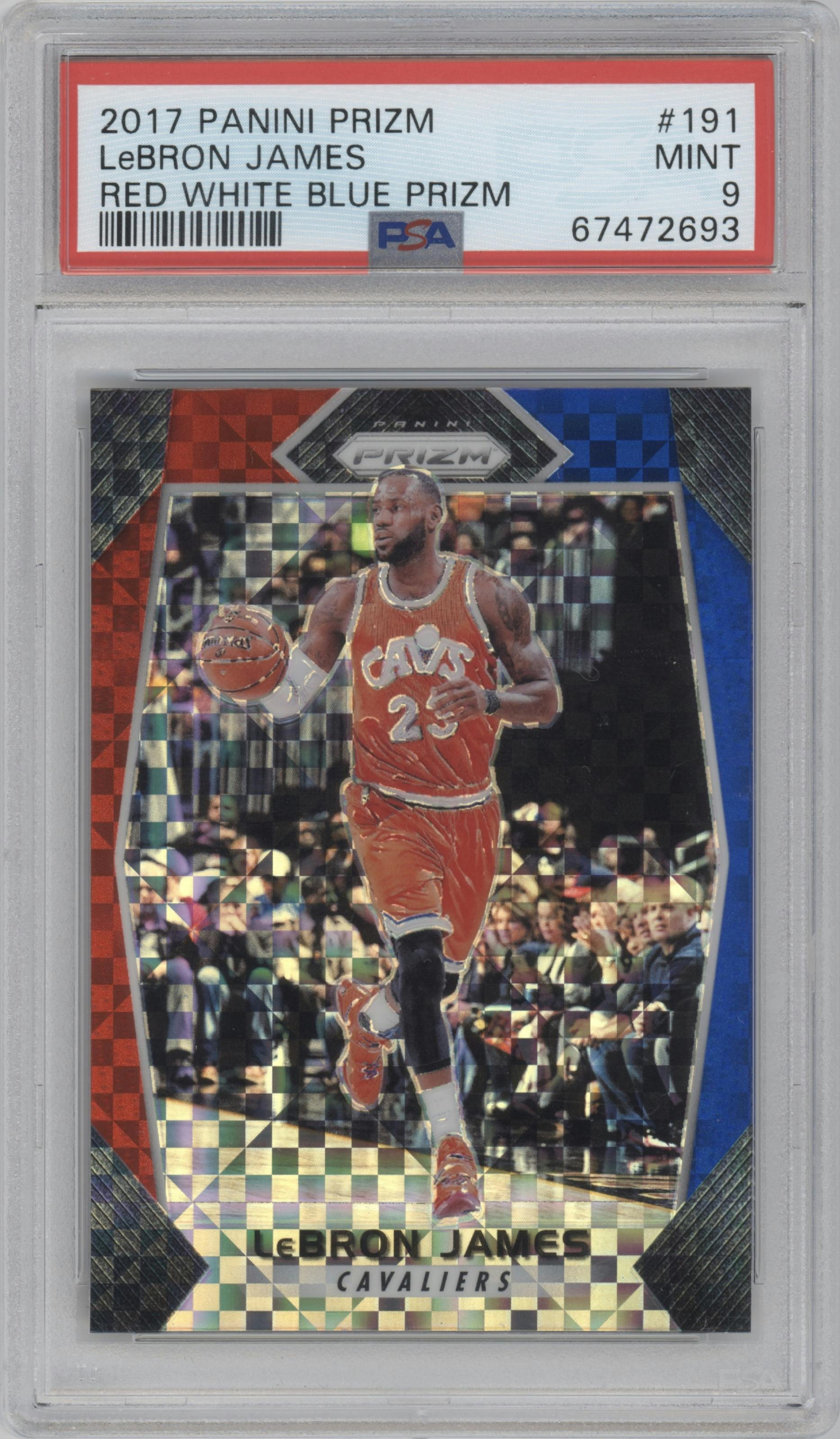 LeBron James from the 2017-18 Panini Prizm  set featuring a Red/White/Blue Prizm parallel graded by PSA and given an overall grade of 9.