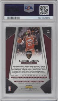 LeBron James from the 2017-18 Panini Prizm  set featuring a Red/White/Blue Prizm parallel graded by PSA and given an overall grade of 9.