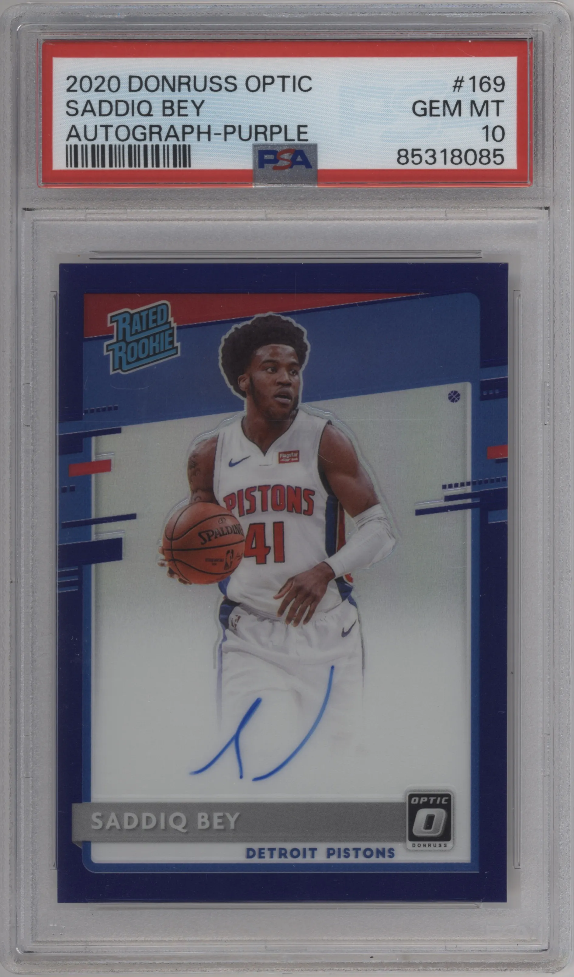 Saddiq Bey from the 2020-21 Panini Donruss Optic set featuring a Purple parallel graded by PSA and given an overall grade of 10.
