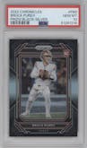 Brock Purdy from the 2022 Panini Chronicles set featuring a Silver parallel graded by PSA and given an overall grade of 10.