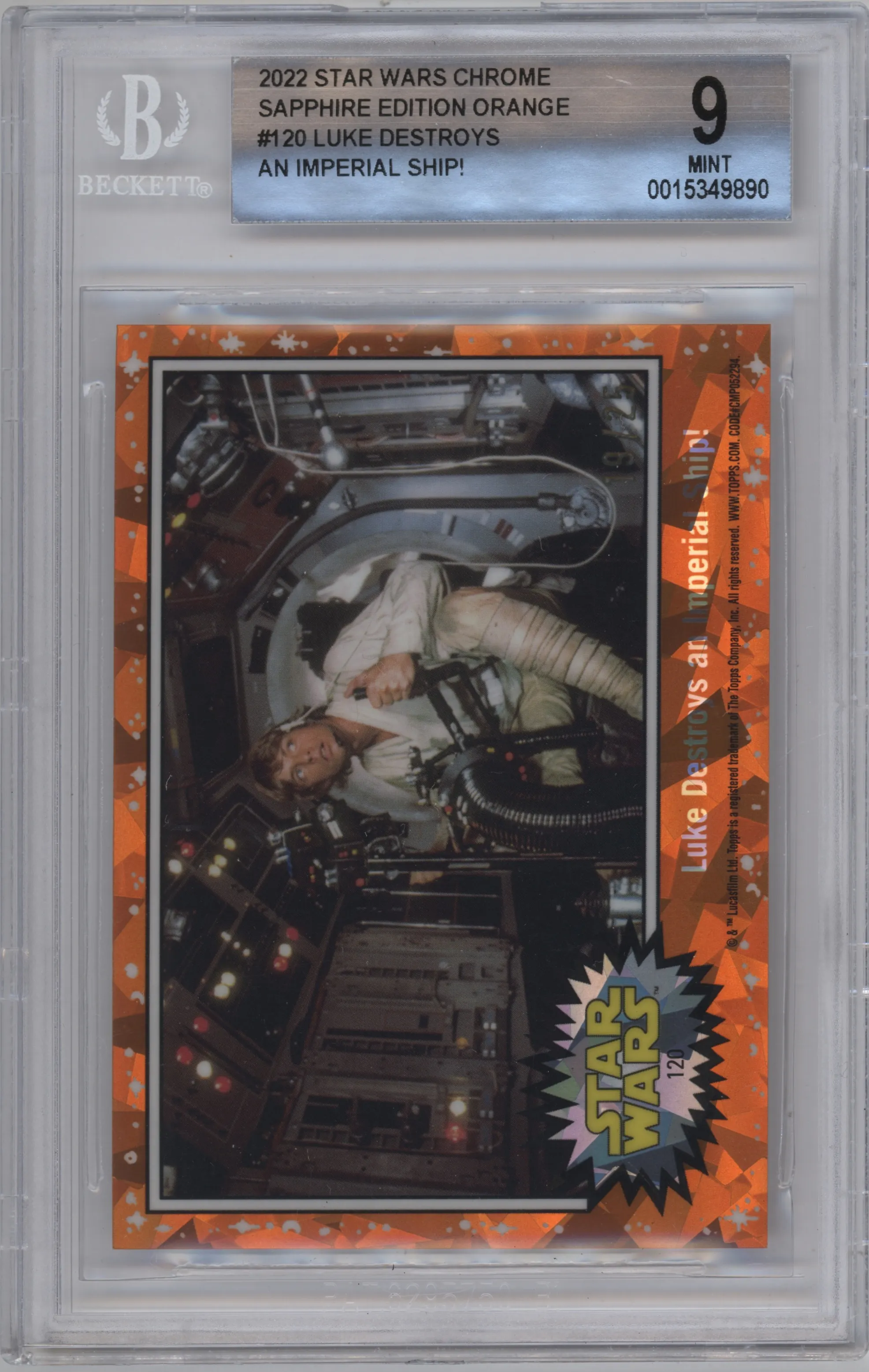 2022 Topps Chrome Star Wars Sapphire Luke Destroys an Imperial Ship! Orange BGS 9