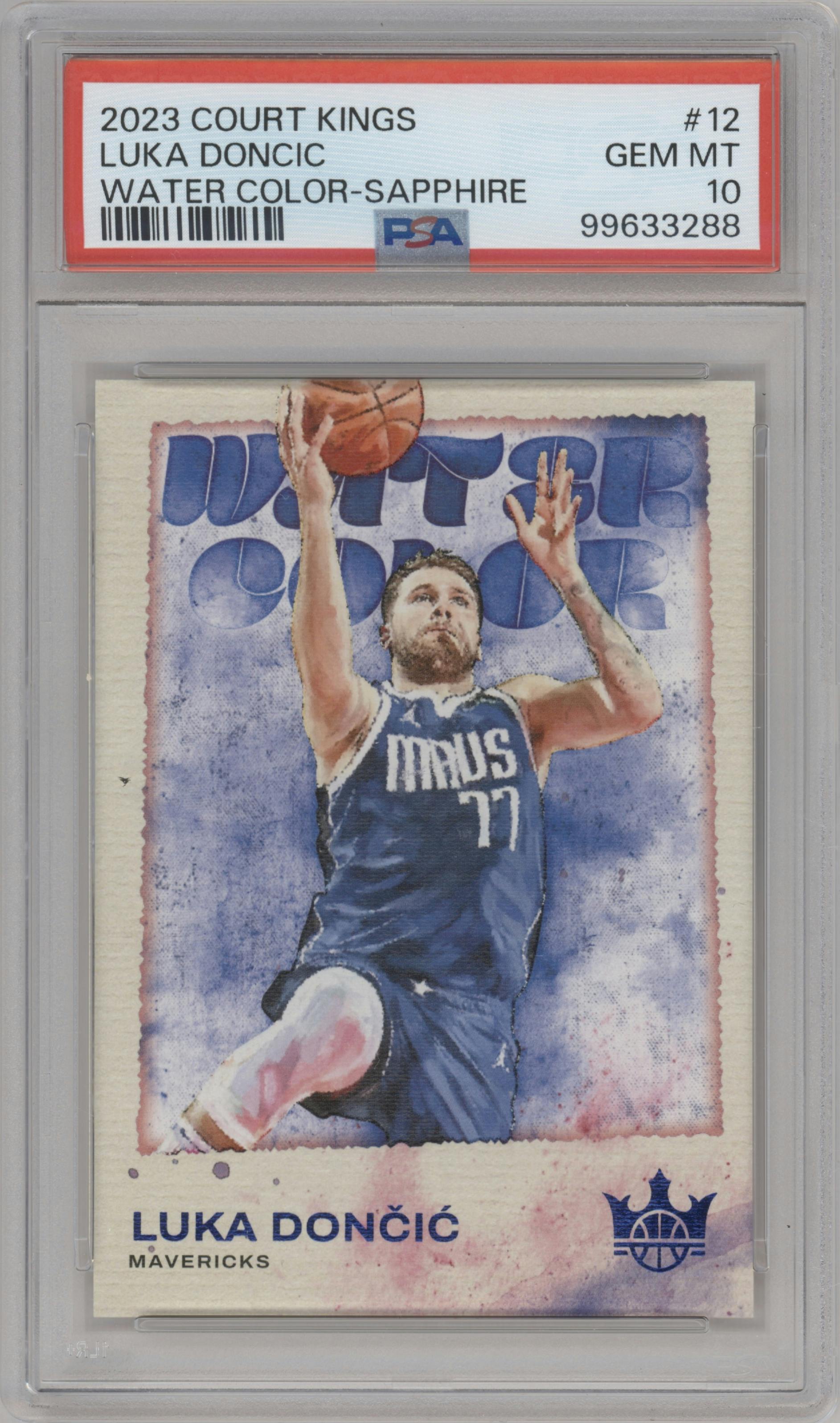 Luka Doncic from the 2023-24 Panini Court Kings set featuring a Sapphire parallel graded by PSA and given an overall grade of 10.