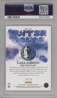 Luka Doncic from the 2023-24 Panini Court Kings set featuring a Sapphire parallel graded by PSA and given an overall grade of 10.