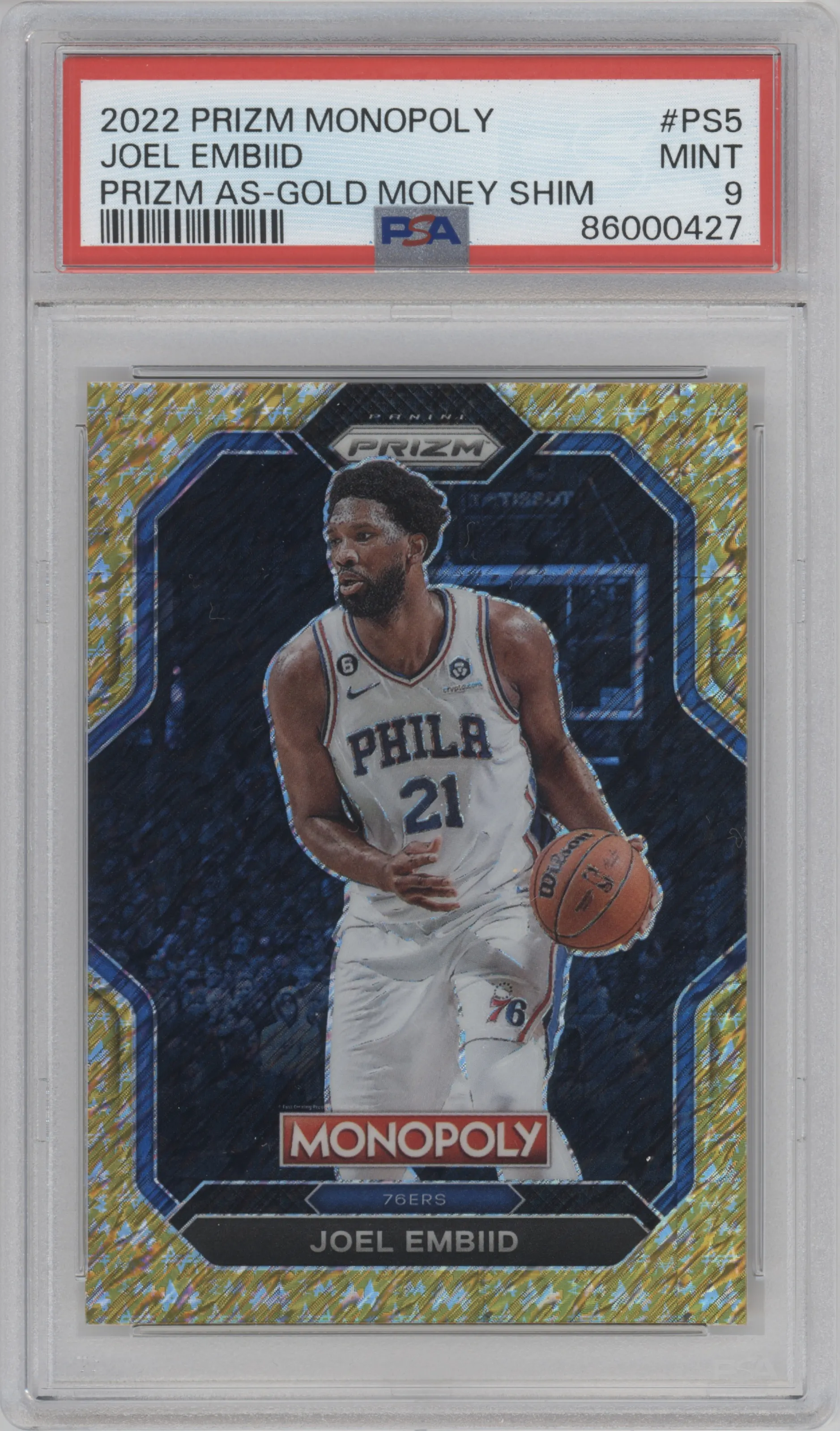 2022 Panini Prizm Monopoly All-Stars Joel Embiid Gold Money Shimmer #PS5 PSA 9