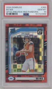 Bo Nix from the 2024 Donruss set featuring a Red Pandora parallel graded by PSA and given an overall grade of 10.