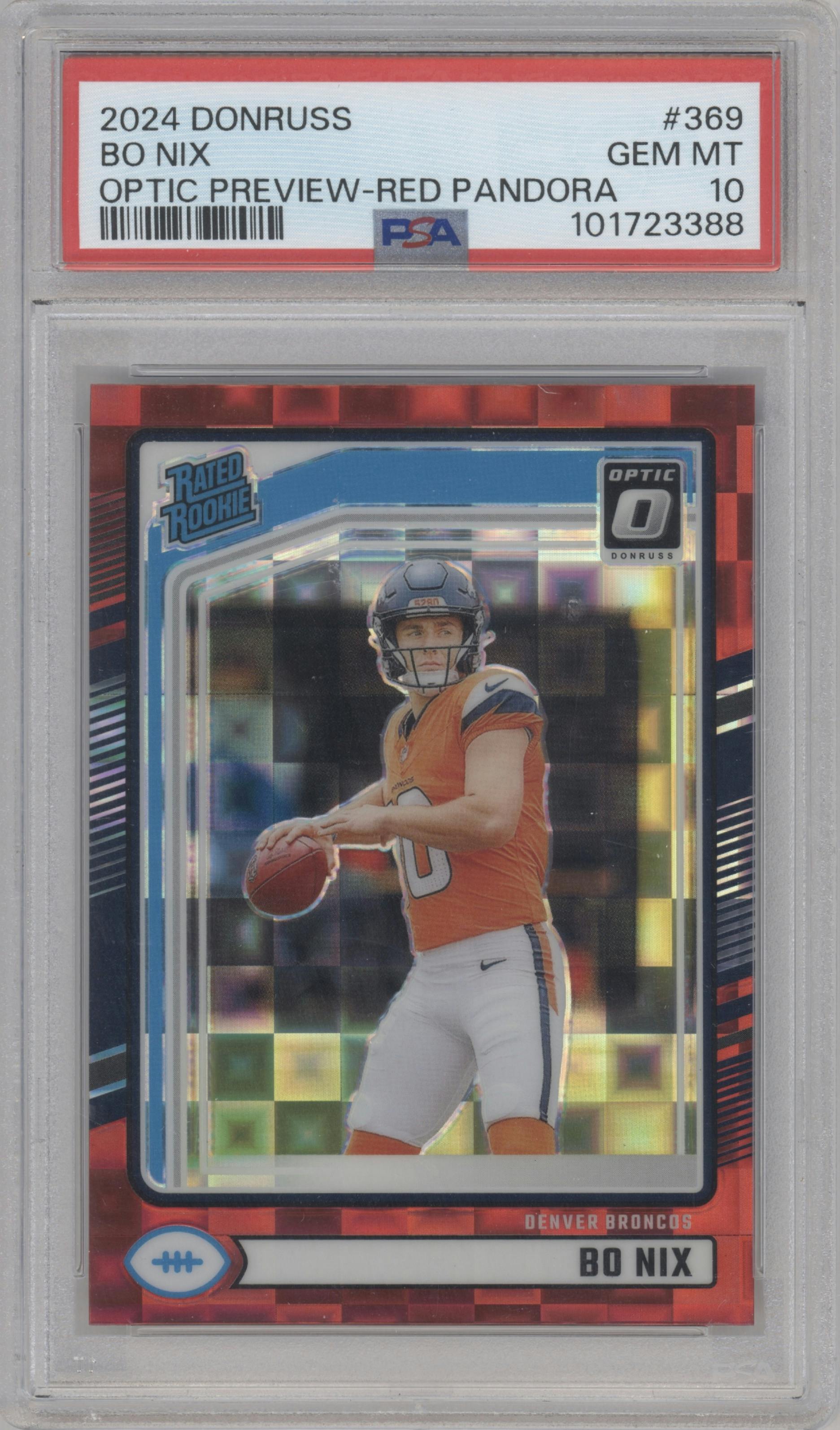 Bo Nix from the 2024 Donruss set featuring a Red Pandora parallel graded by PSA and given an overall grade of 10.