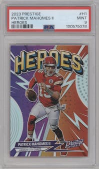 Patrick Mahomes II from the 2023 Panini Prestige set graded by PSA and given an overall grade of 9.