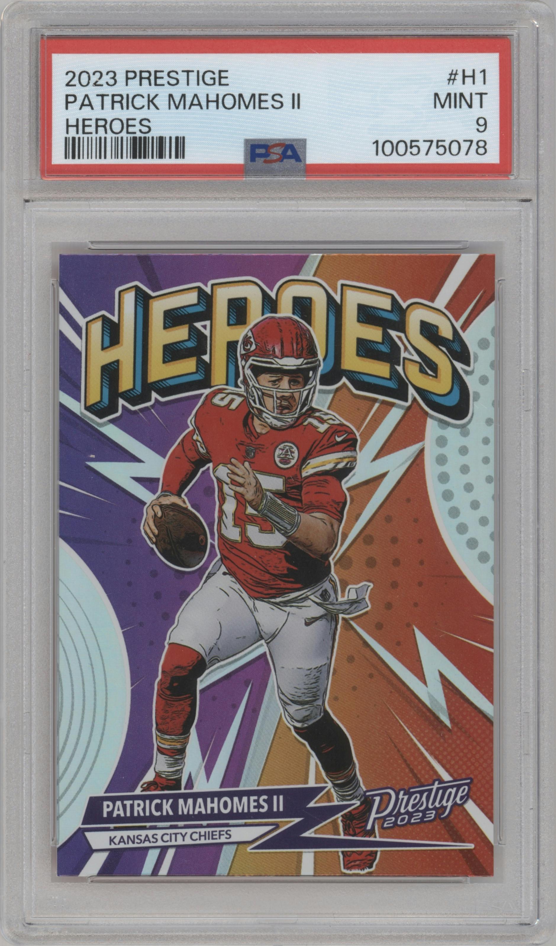 Patrick Mahomes II from the 2023 Panini Prestige set graded by PSA and given an overall grade of 9.
