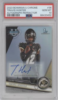 Travis Hunter from the 2023 Bowman Chrome University set featuring a Refractor parallel graded by PSA and given an overall grade of 10.
