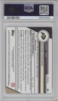 Travis Hunter from the 2023 Bowman Chrome University set featuring a Refractor parallel graded by PSA and given an overall grade of 10.